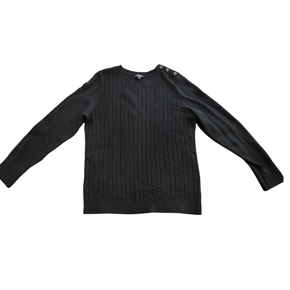 Talbots Womens Black Cable Knit Button Shoulder Sweater Medium Cotton Blend